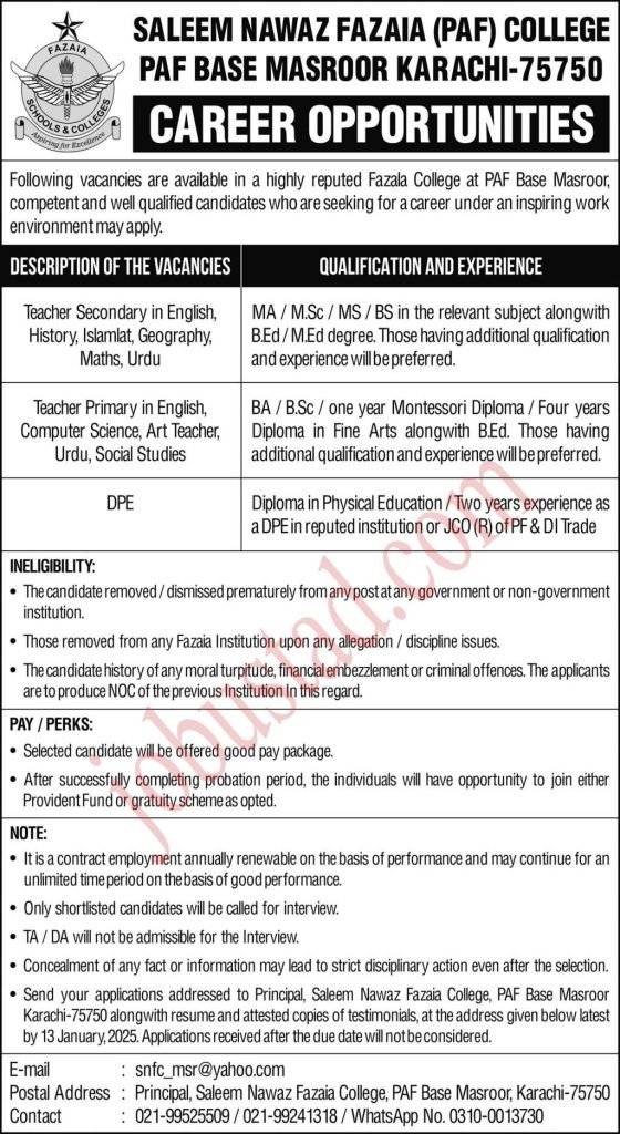 Latest Jobs Saleem Nawaz Fazaia PAF College In Karachi 2025 Latest Jobs Saleem Nawaz Fazaia PAF College In Karachi 2025