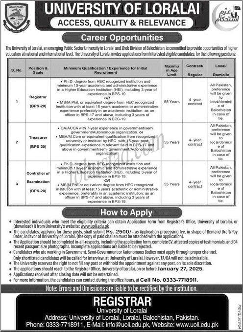 New Govt Jobs University of Loralai In Balochistan January 2025 New Govt Jobs University of Loralai In Balochistan January 2025
