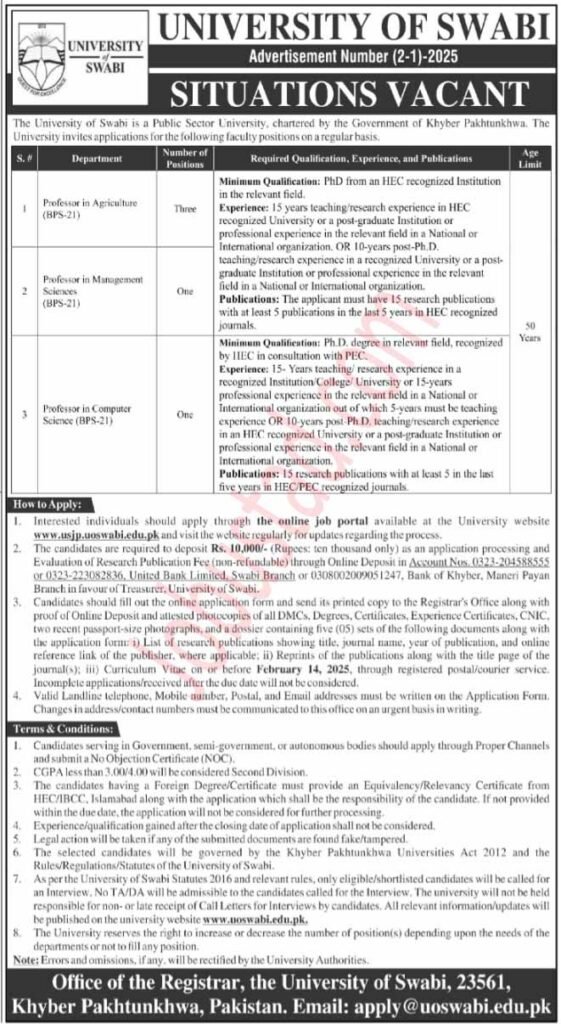New Govt Jobs University of Swabi February 2025 New Govt Jobs University of Swabi February 2025
